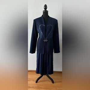 Donna Vinci Navy 3pc Skirt Suit w/Turquoise and Navy Jewels NWT, Size 18